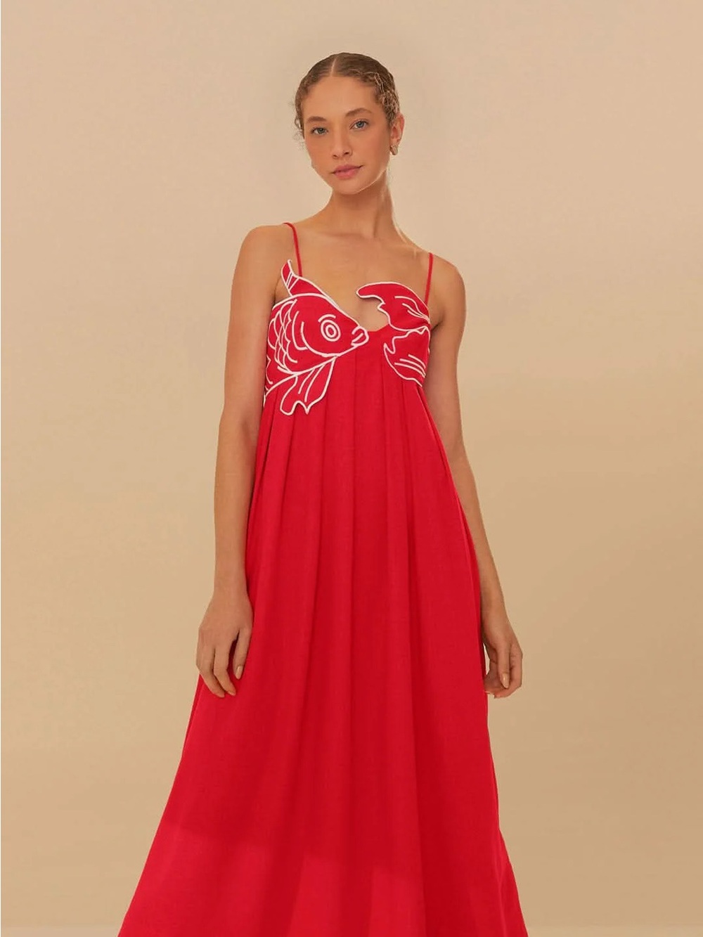 Red Maxi Dress with Fish Embroidery